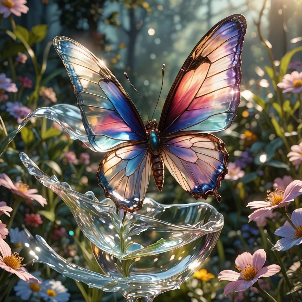 Enameled Glass Butterfly and Flower: 3D Digital Art