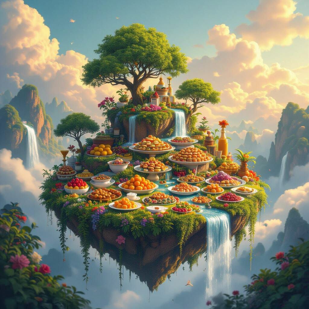 Floating Island Feast in Golden Hour Fantasy Art