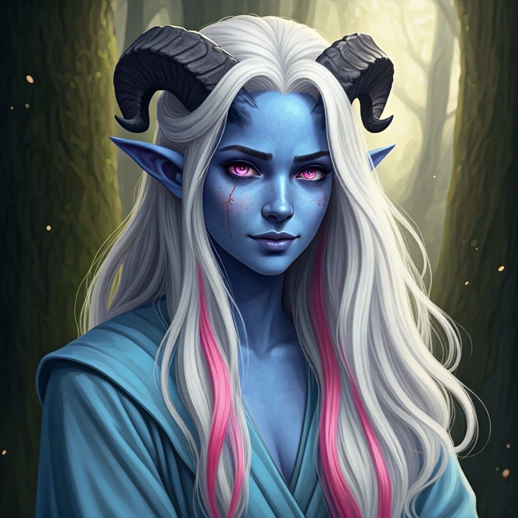 Tiefling Cleric Portrait with Blue Skin and Pink Hair