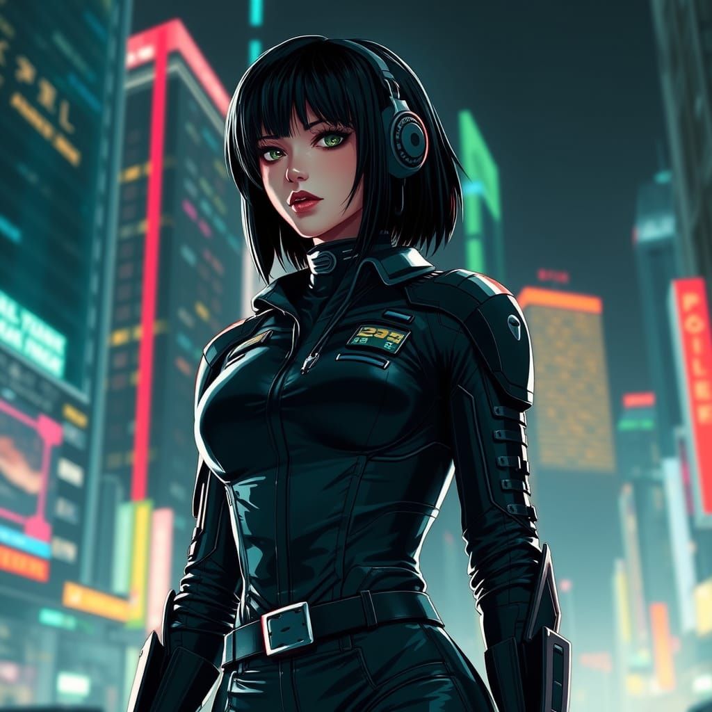 Cyborg Policewoman in Neon Cyberpunk Cityscape