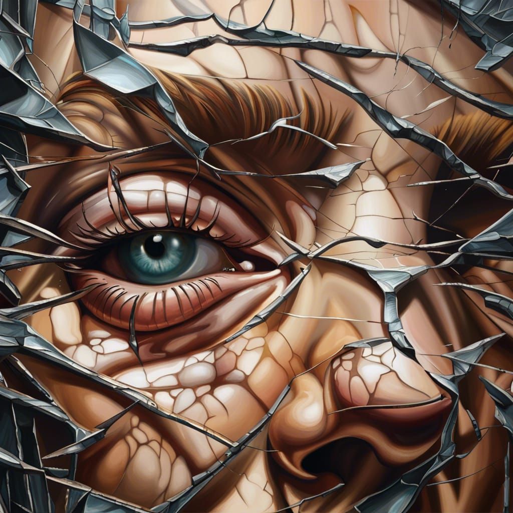 Emotional Woman's Face Reflected in Cracked Mirror