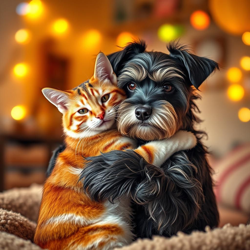 Miniature Schnauzer Hugs Calico Cat in Dreamlike Setting