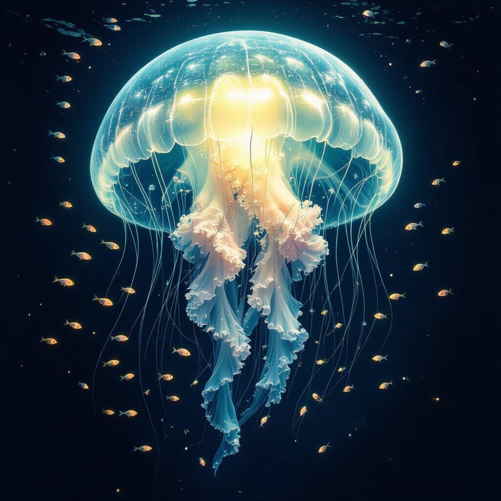 Bioluminescent Jellyfish in Alien Ocean, Art Nouveau