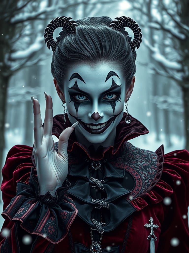 Harlequin Woman in Victorian Attire, Winter Forest