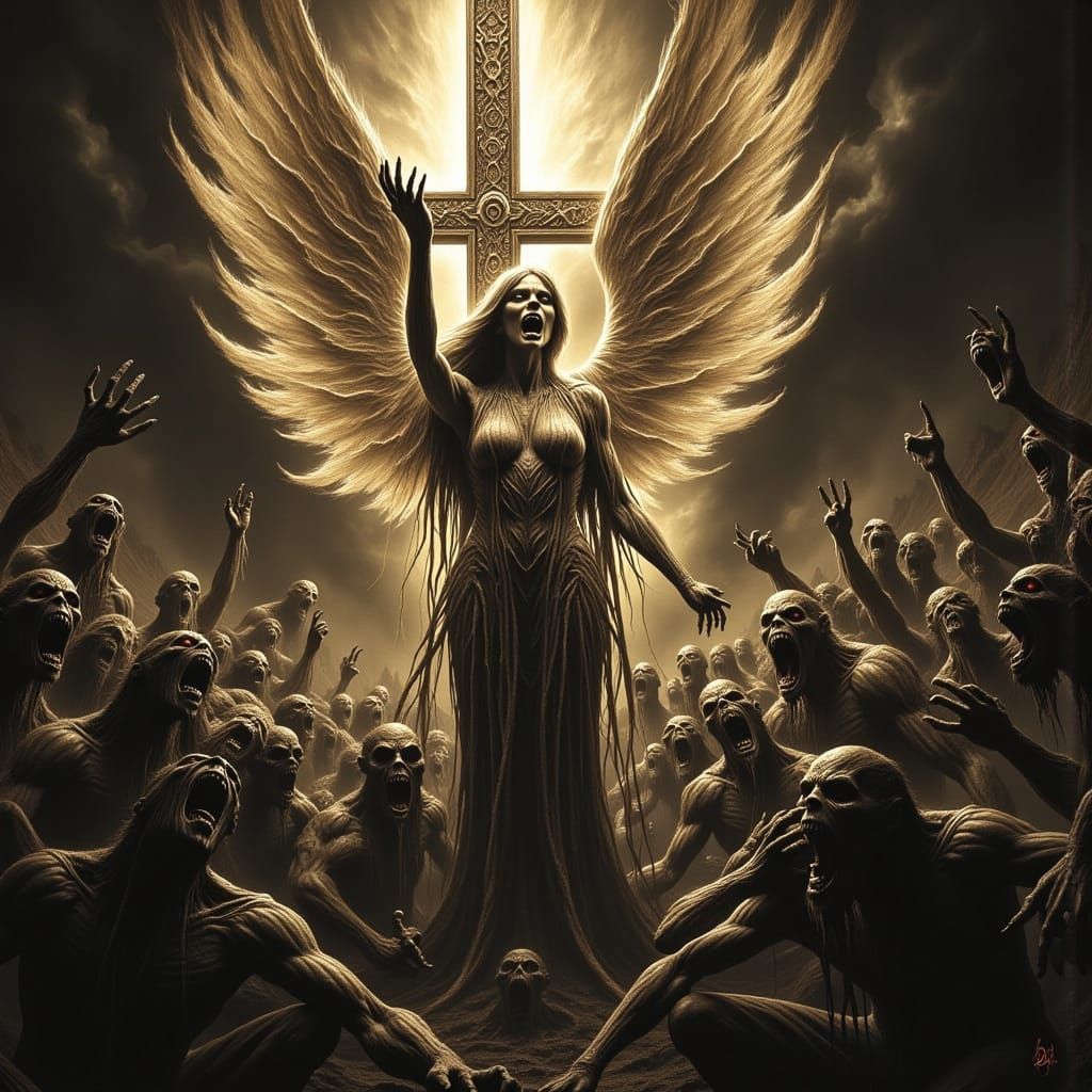 Surreal Horror Scene of Angel and Demons