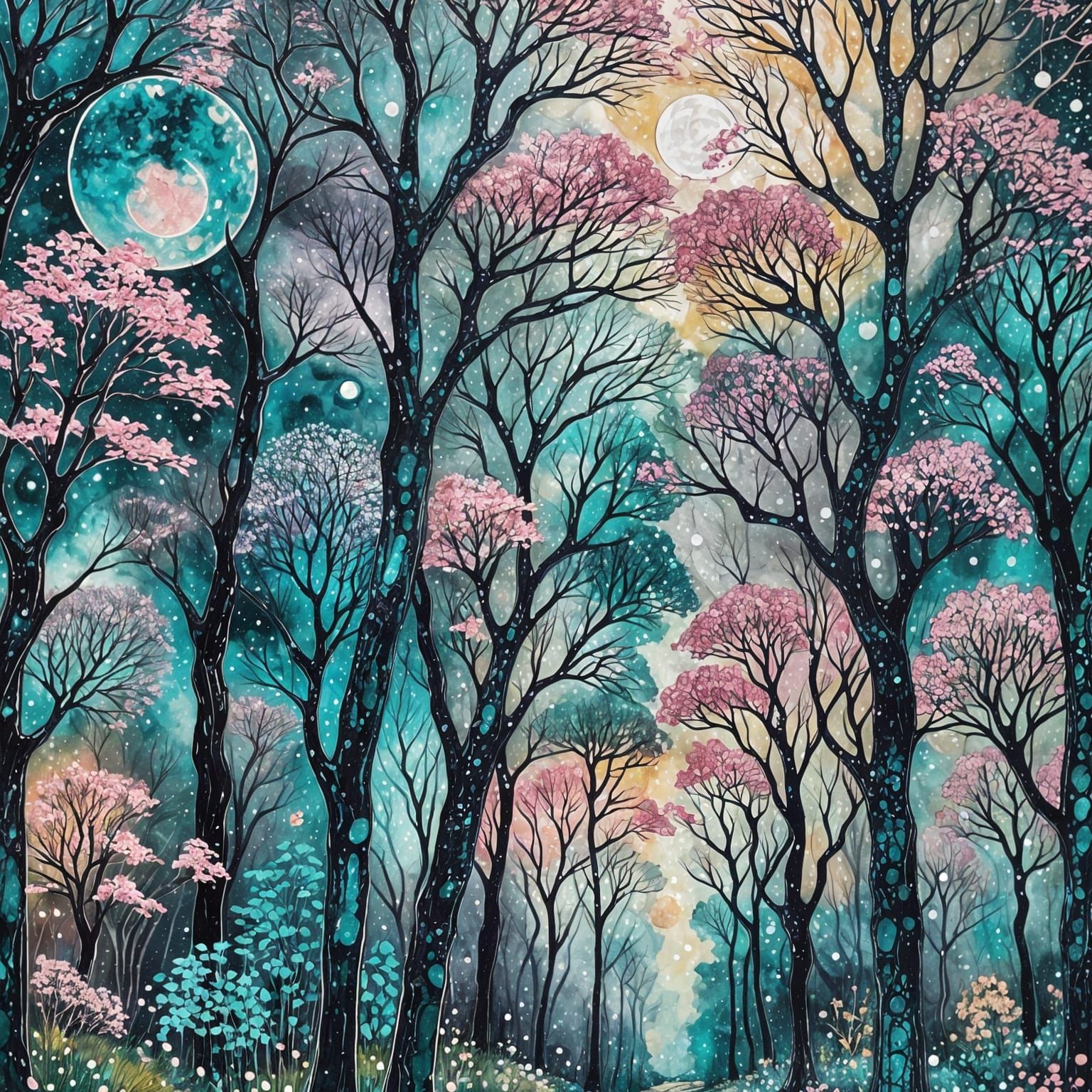 Moonlit Forest Path in Alcohol Ink Style