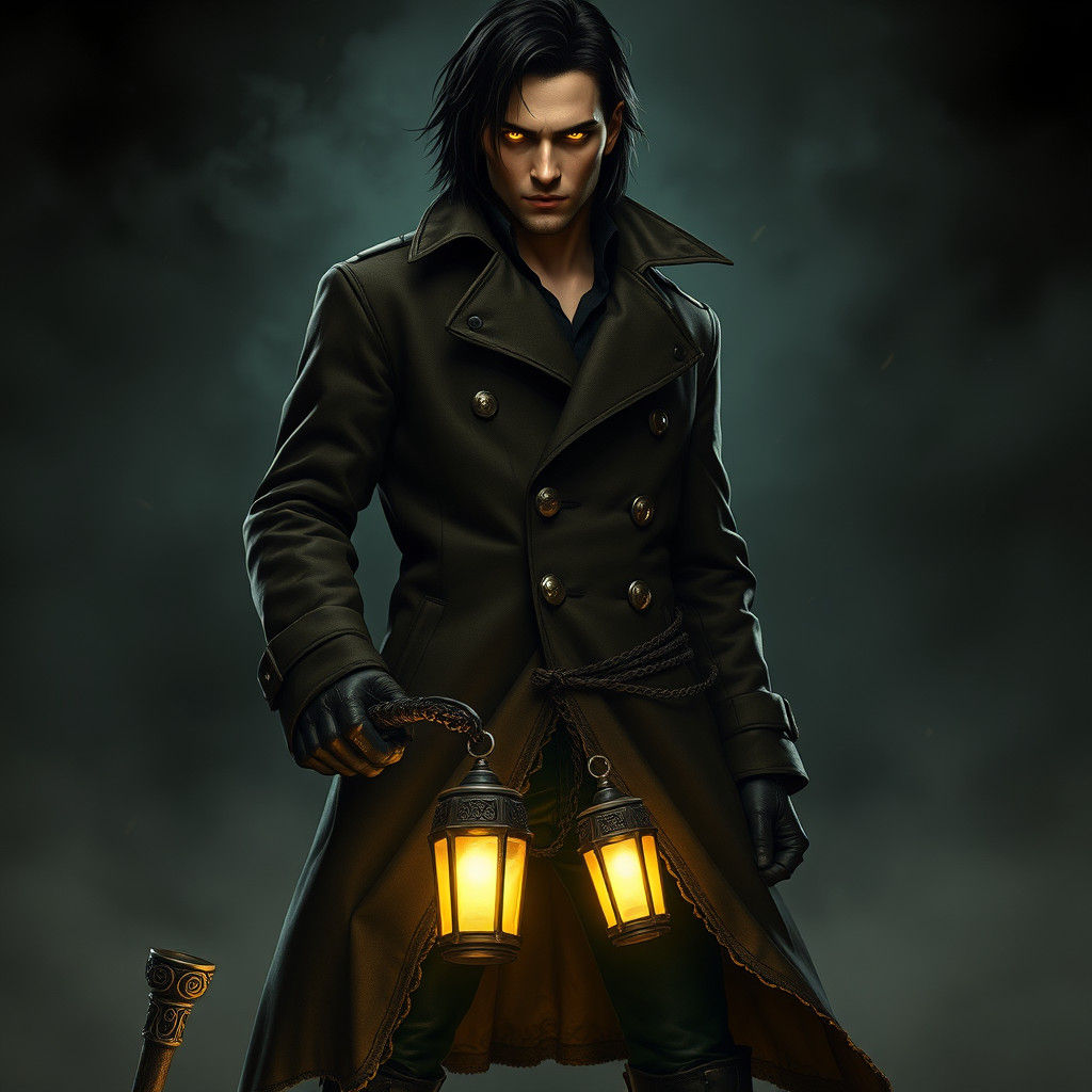 Enigmatic Figure with Glowing Eyes in Gothic Style