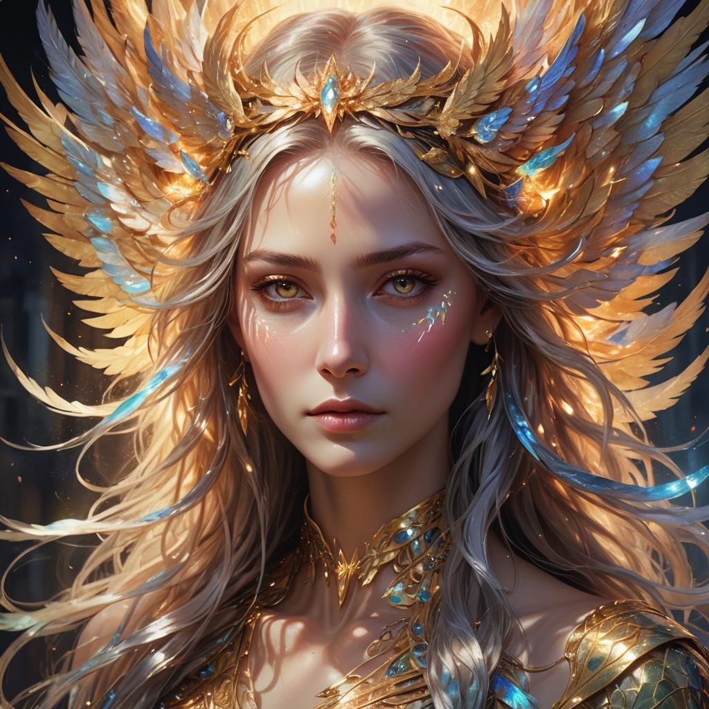 Iridescent Phoenix Goddess Portrait in Art Nouveau Style