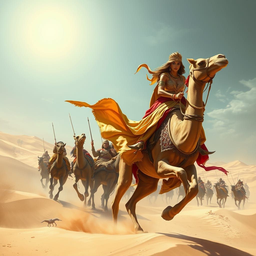 Desert Empress Rides into Battle with Golden Splendor