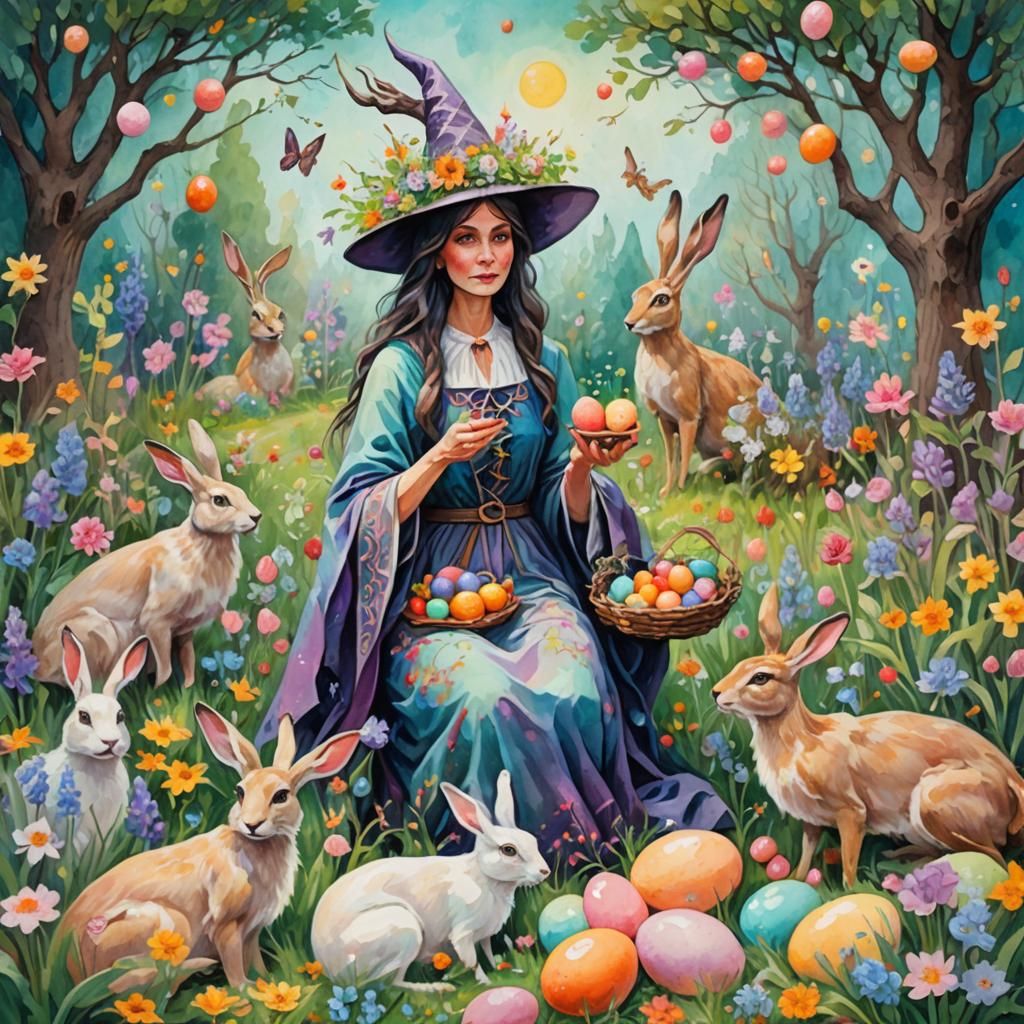 Spring Witch in Flower Garden: Gouache Watercolor Masterpiec...