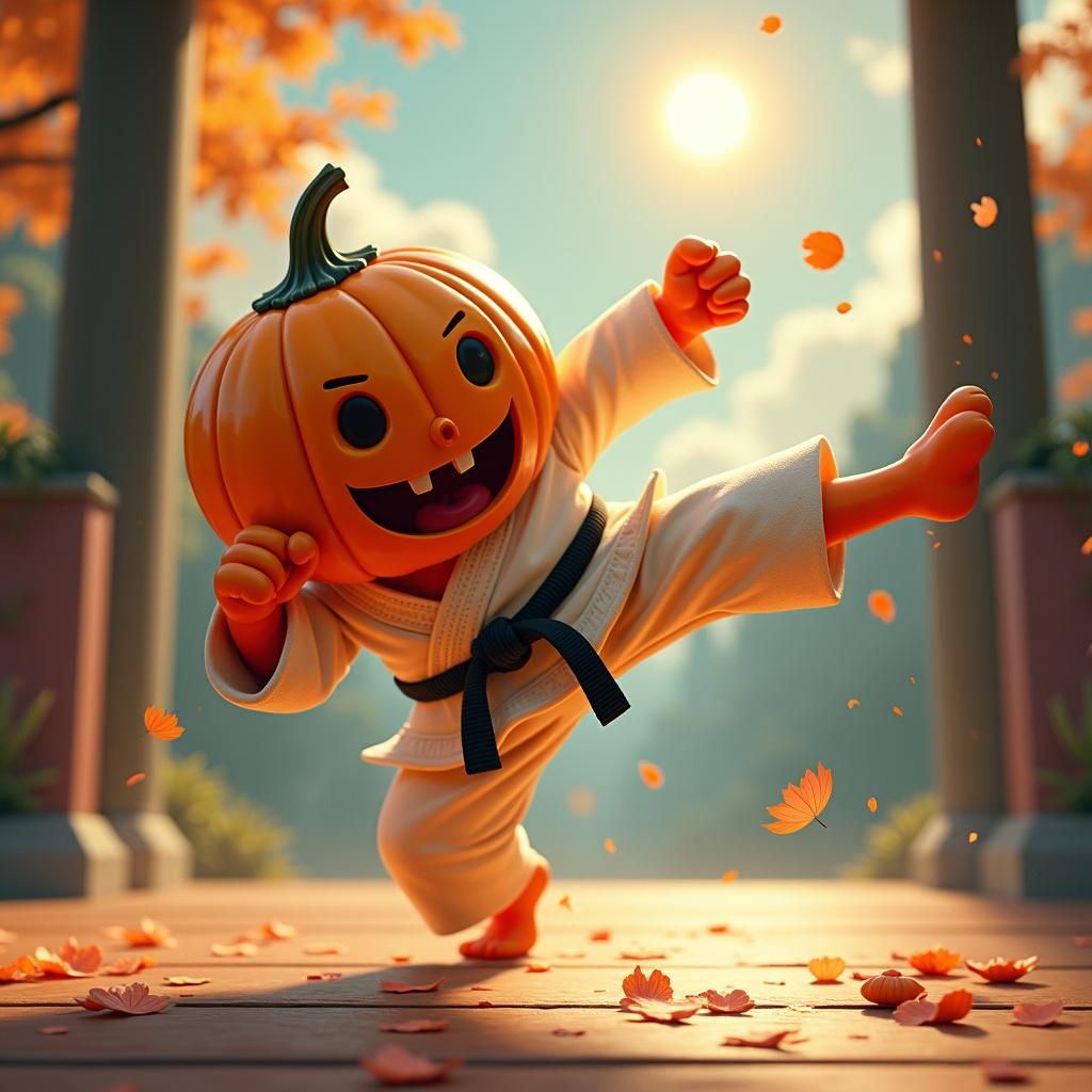 Cartoon Pumpkin Karate Kick Oil Painting