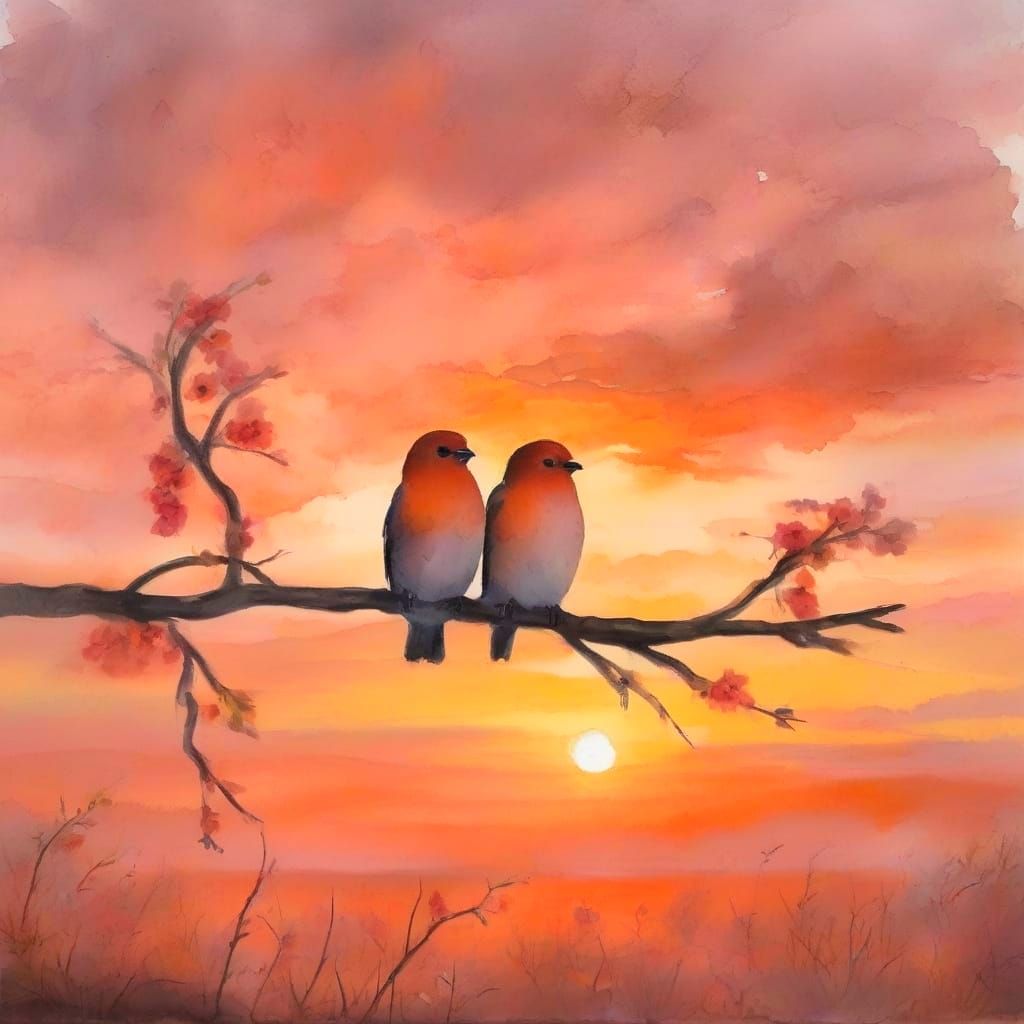 Lovebirds Silhouetted Against Sunset in Soft Watercolor
