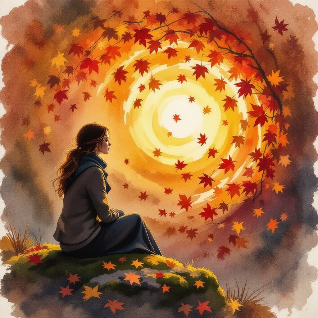 Woman Gazing into Autumn Leaves Vortex, Impressionistic Wate...