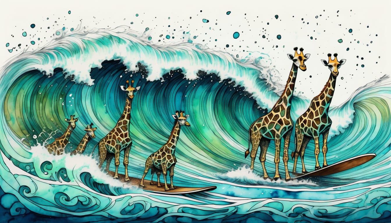 Giraffes Ride a Surfing Wave in Whimsical Doodle Style