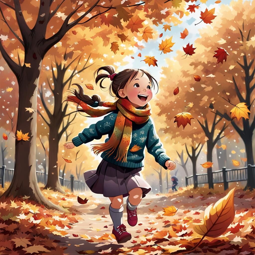 Girl's Autumn Joy: Whimsical Candyland Digital Art