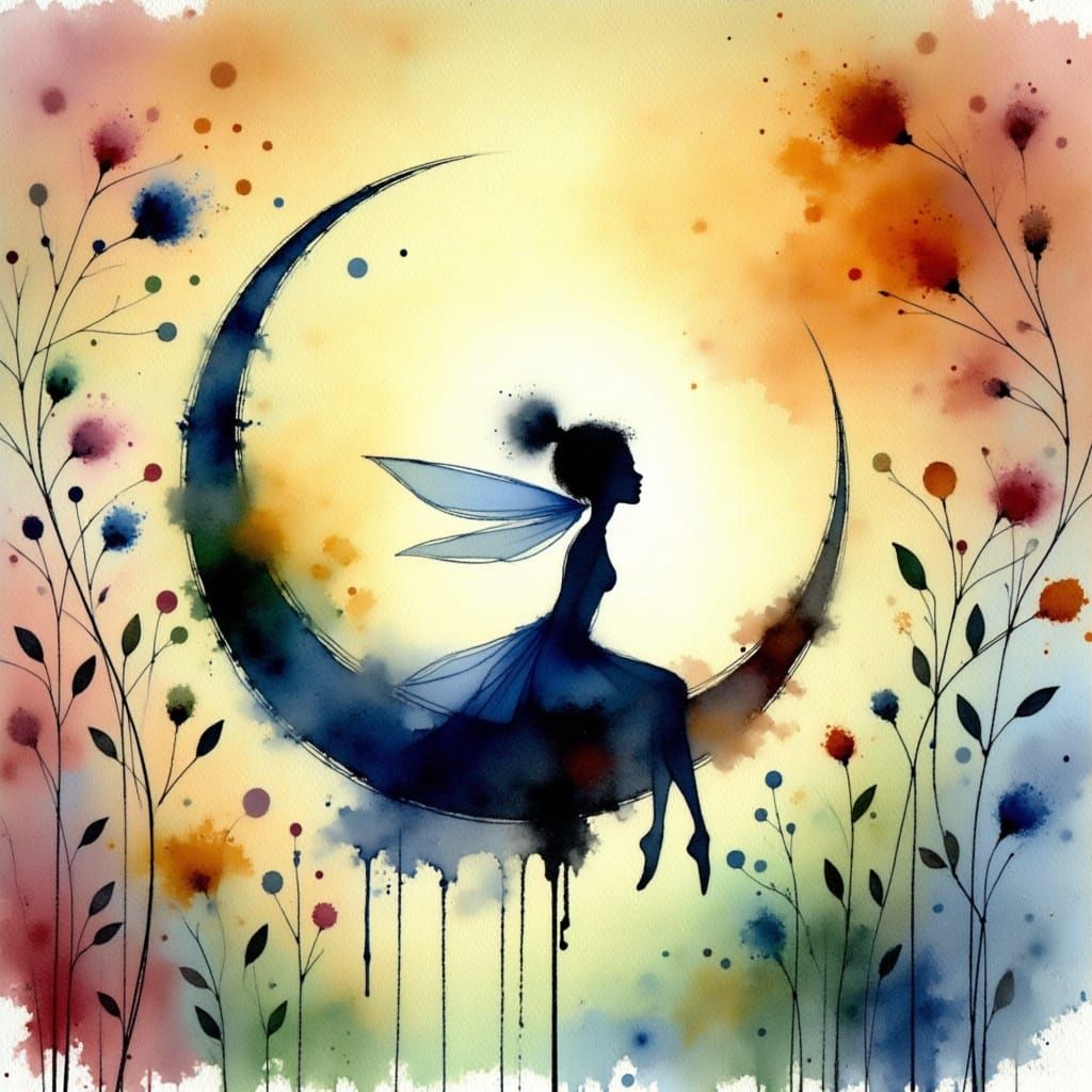 Whimsical Pixie Seated on a Crescent Moon, Expressive Alcoho...