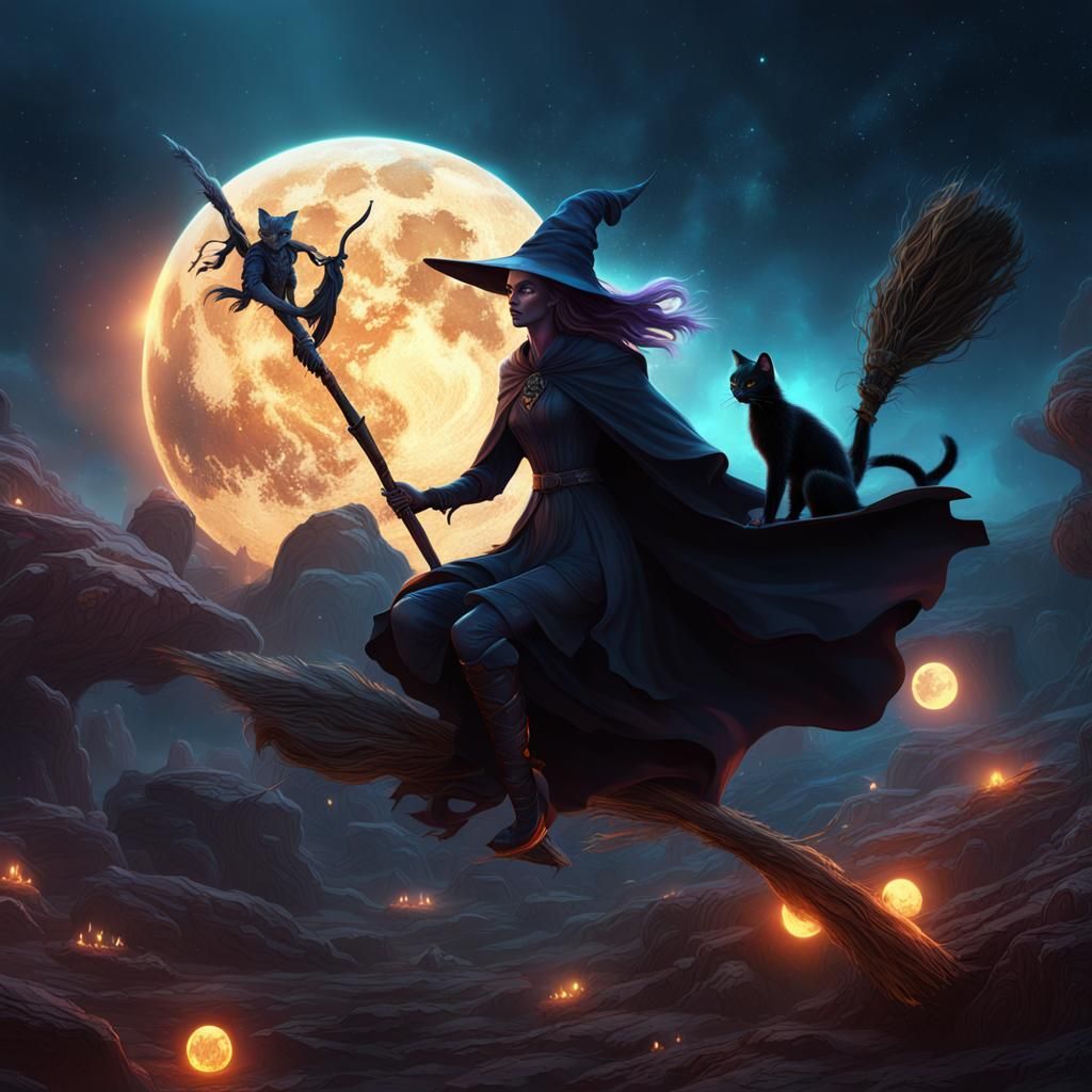 Beautiful Witch on Broomstick, Fantasy Concept Art