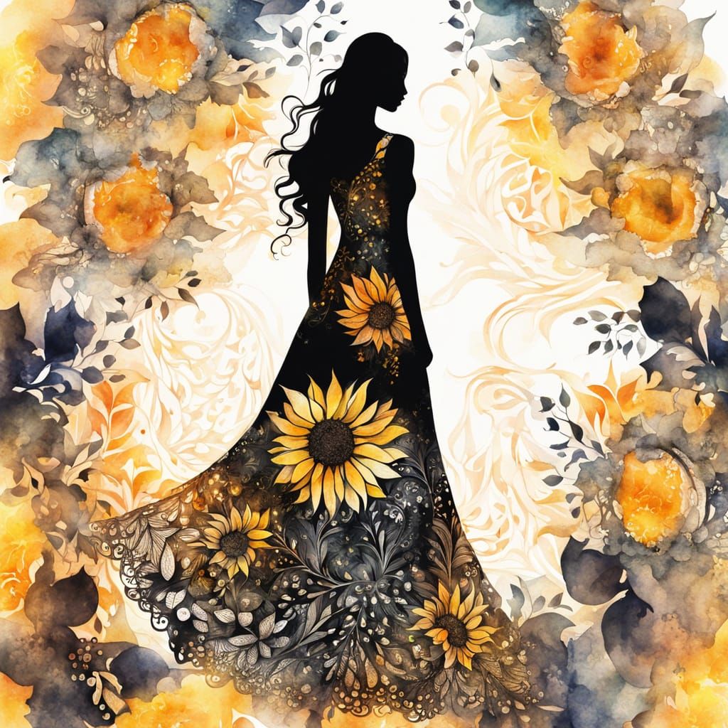 Woman Silhouette with Sunflower in Watercolor Ink Style