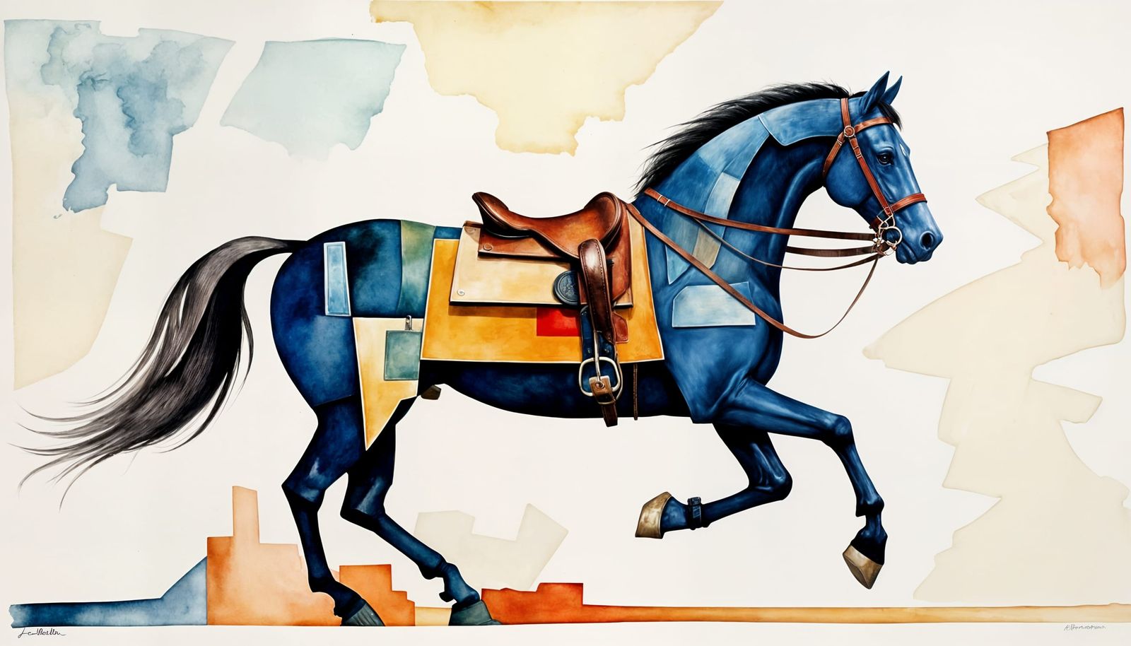 Stylized Horse in Abstract Cubist Watercolour