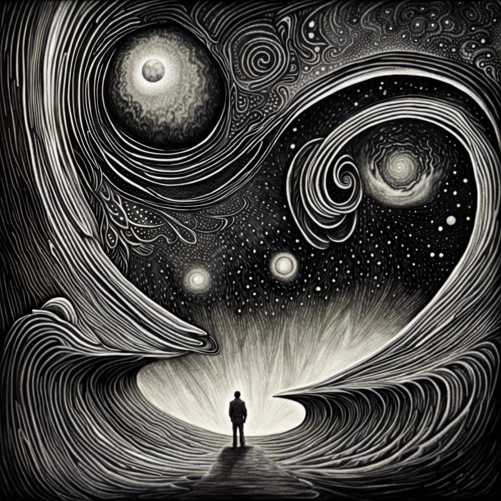 Man Stares at Cosmic Beast: Charcoal Drawing