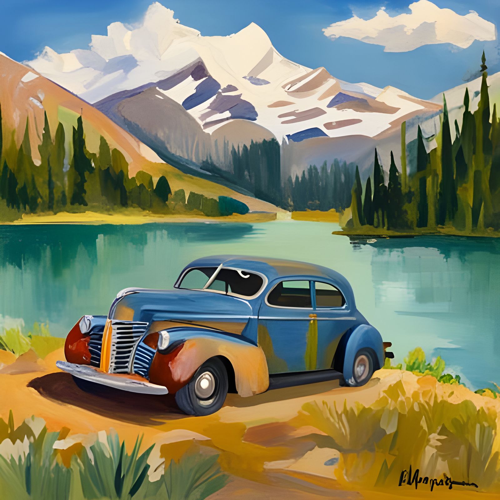 Chevy Car by Swiss Lake: Impressionist Gouache Painting