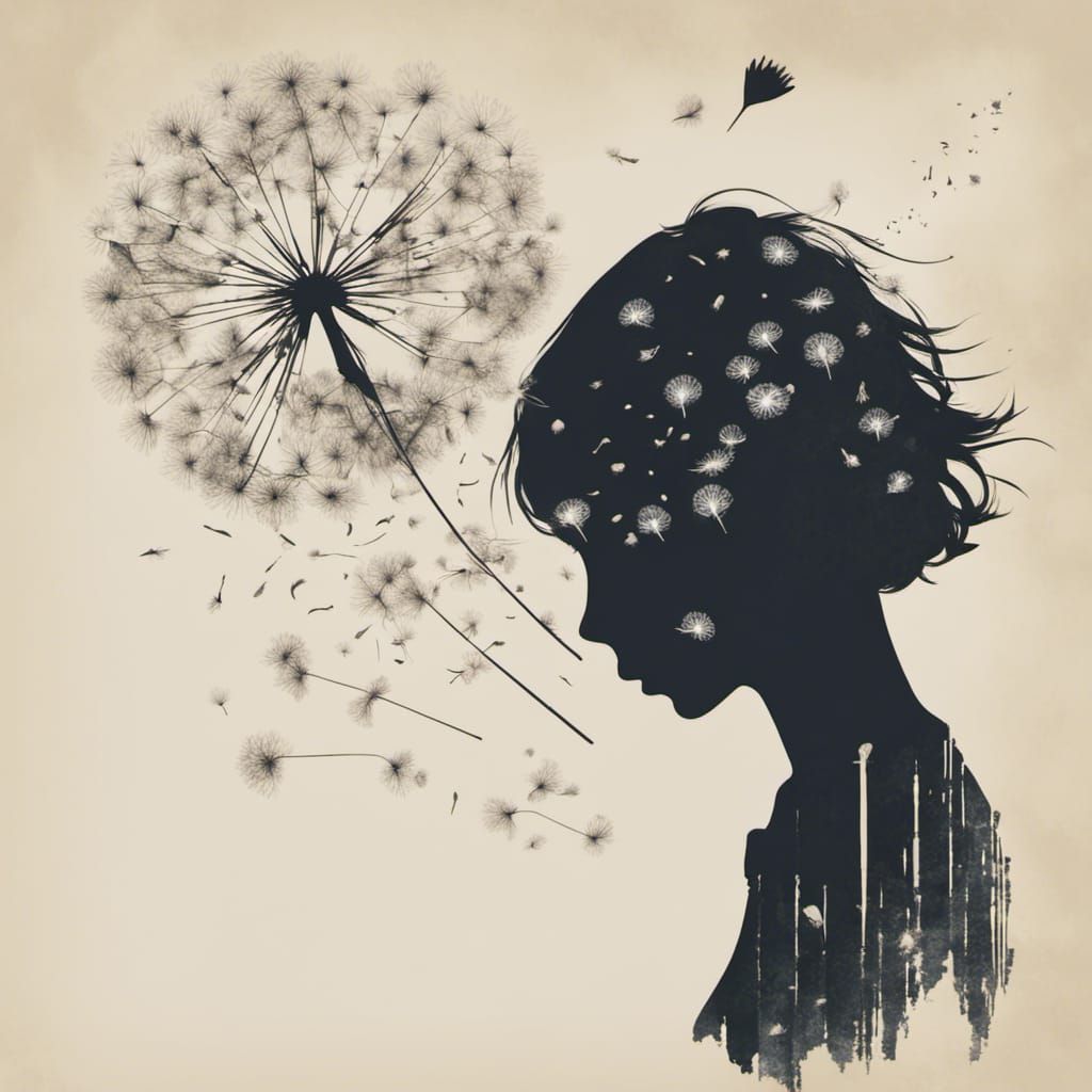 Dandelion Seed Collage with Girl Silhouette