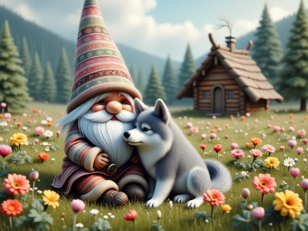 Gnome Hugs Wolf in Scandinavian Field
