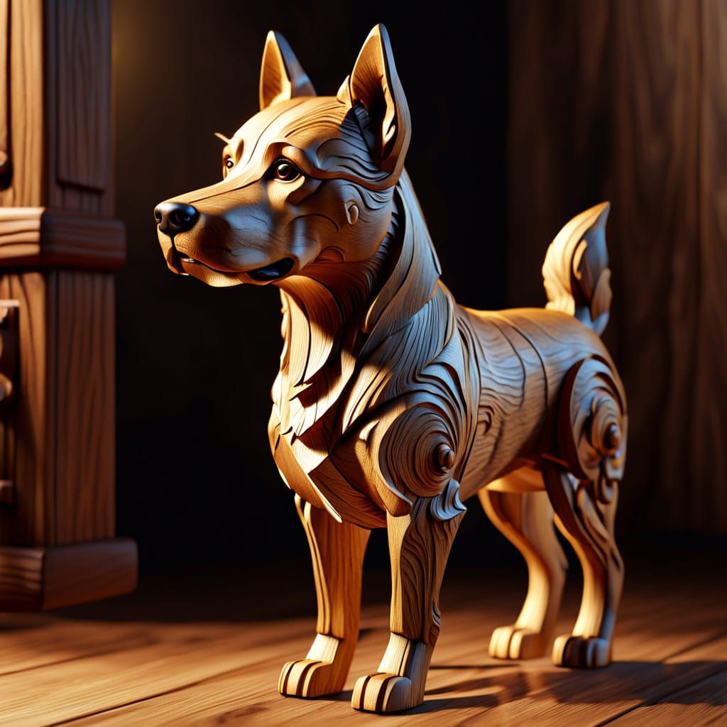 Detailed Wooden Dog Carving in Golden Light
