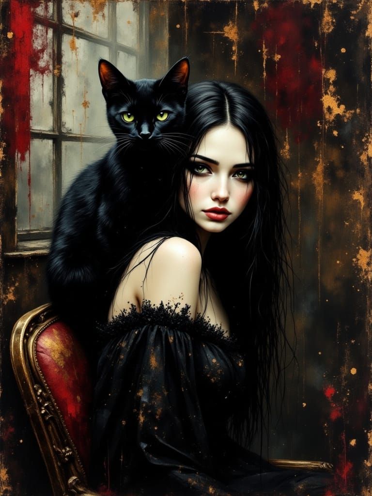 Gothic Black Cat and Moody Owner in Victorian Parlor