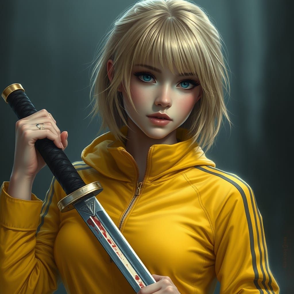 Ethereal Blonde Warrior with Katana in Misty Fantasy