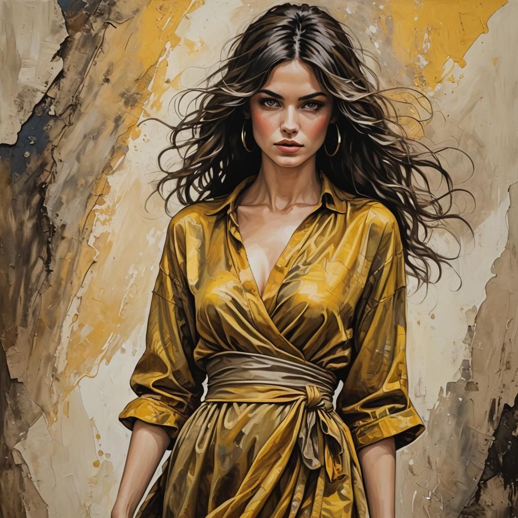 Woman in Yellow Dress with Flowing Brushstrokes