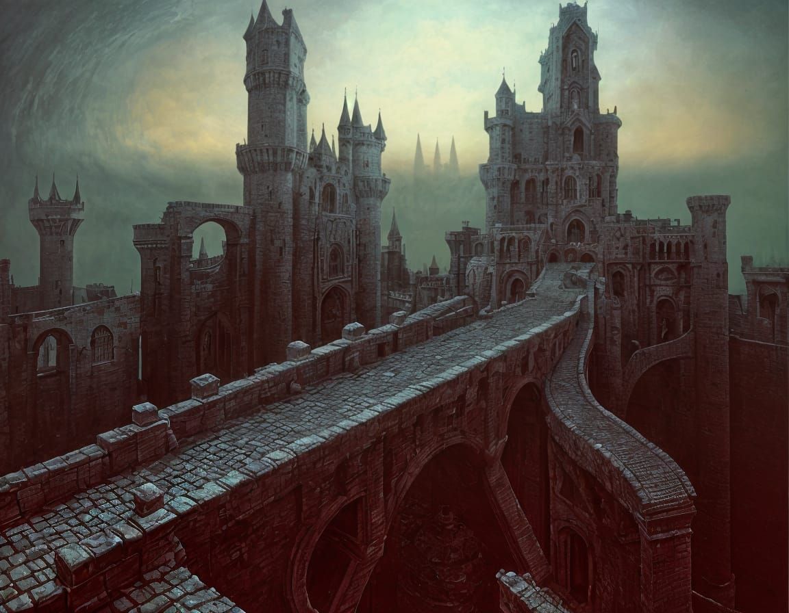 Surreal Castle with Drawbridges in Dark Dreamscape Style