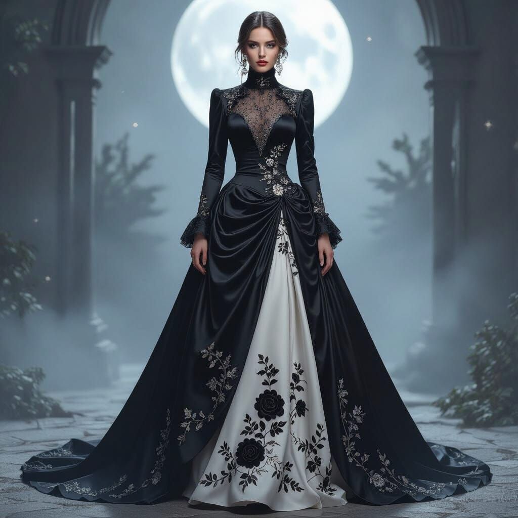 Regal Model in Victorian Gothic Gown with Celestial Embroide...