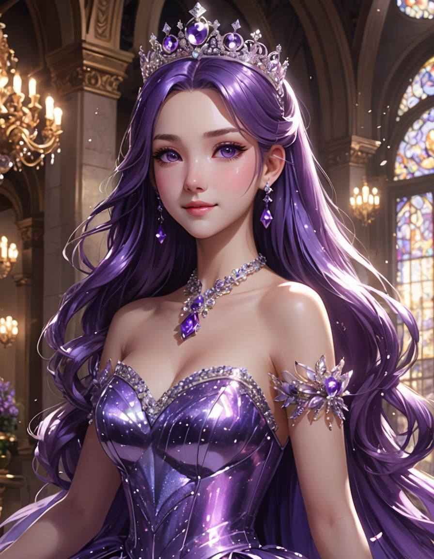 Purple Princess in Anime Style Grand Hall