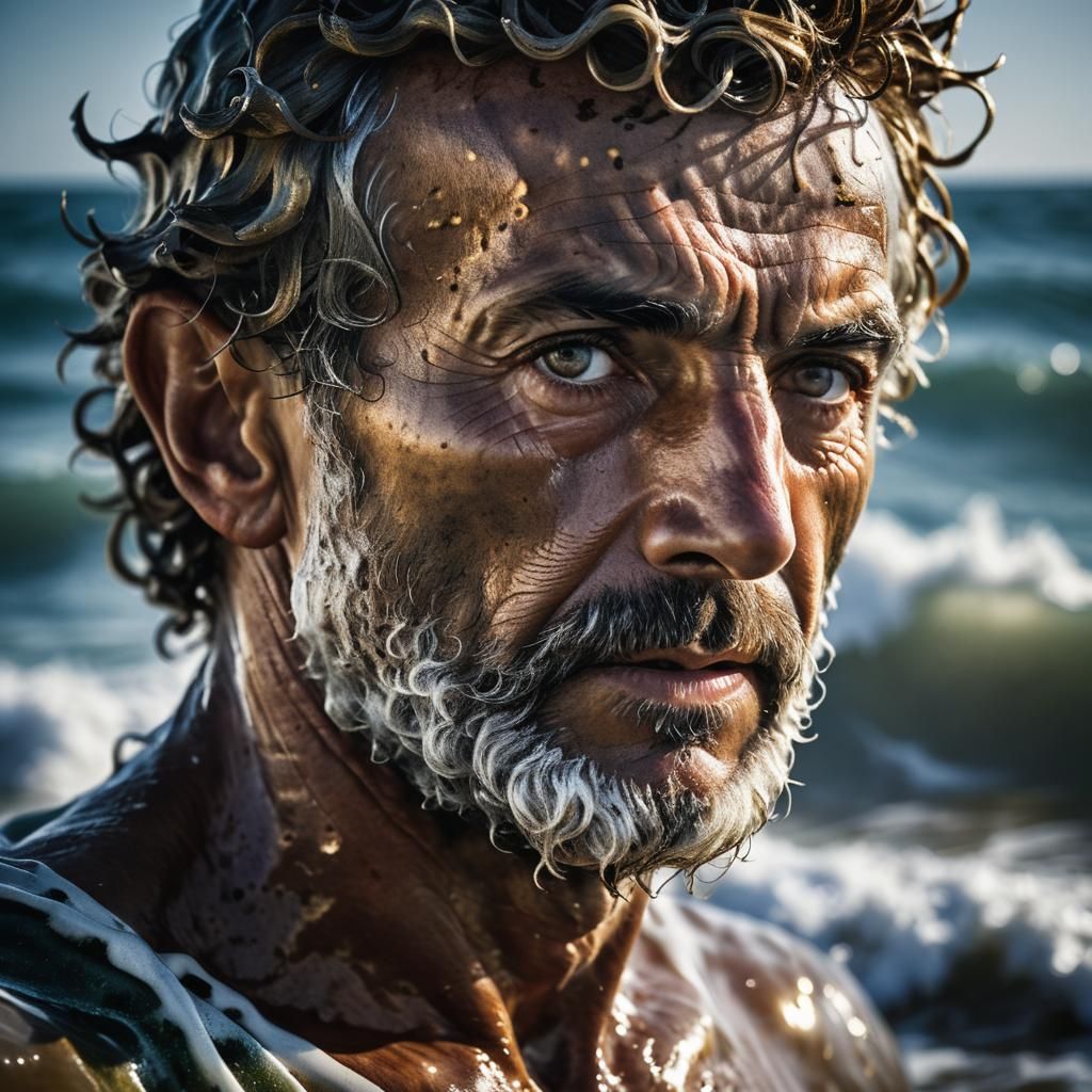 Neptune Statue in Waves: Neo-Impressionist Seascape