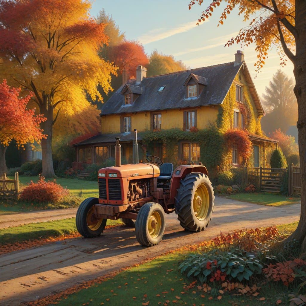 Autumn Garden Scene in Warm Light, Idyllic Rural Landscape