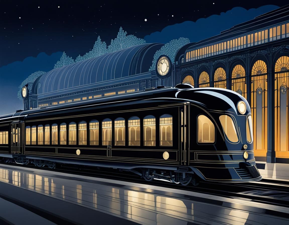 Elegant Art Deco Train at Night in 1920s Style