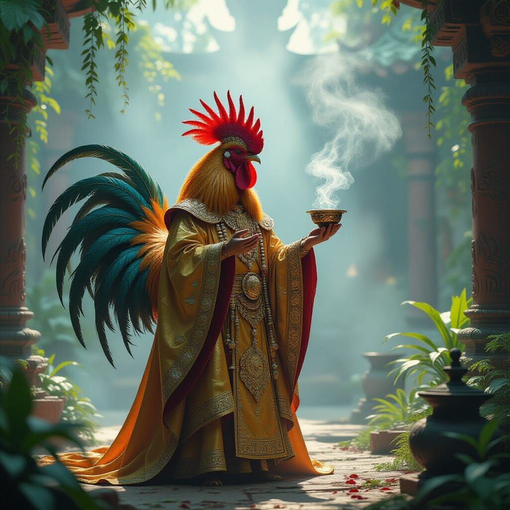 Resplendent Rooster High Priest in Ancient Temple