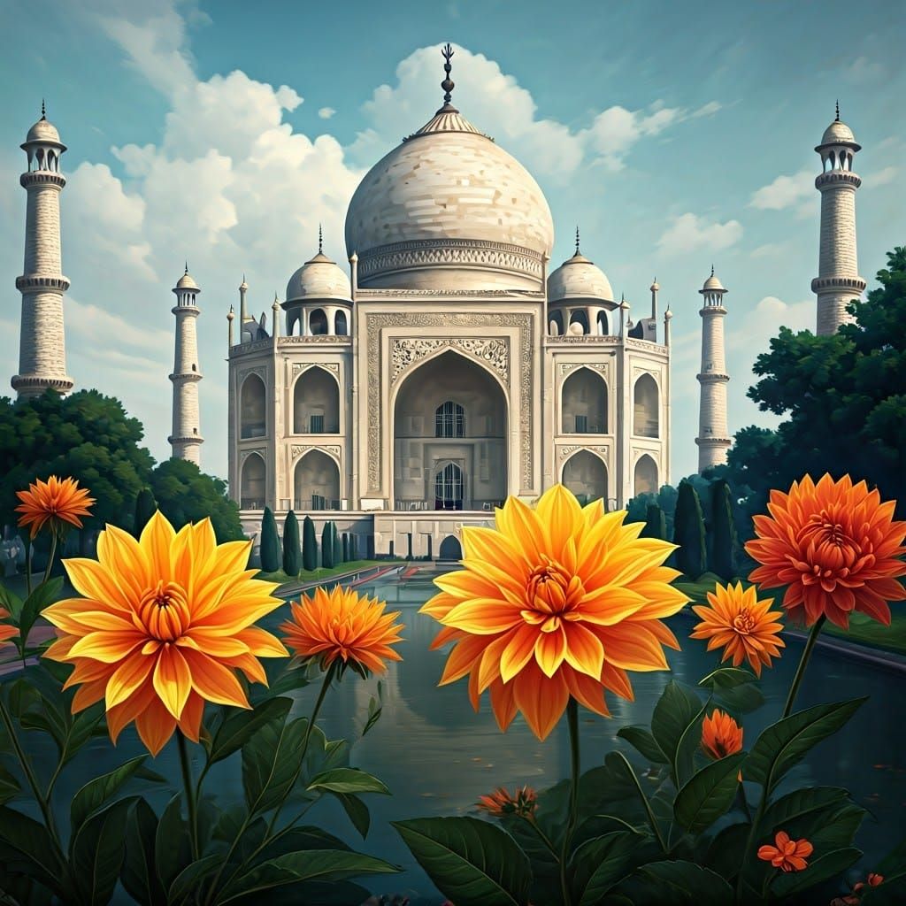 Taj Mahal Dahlias in Ink Wash Style