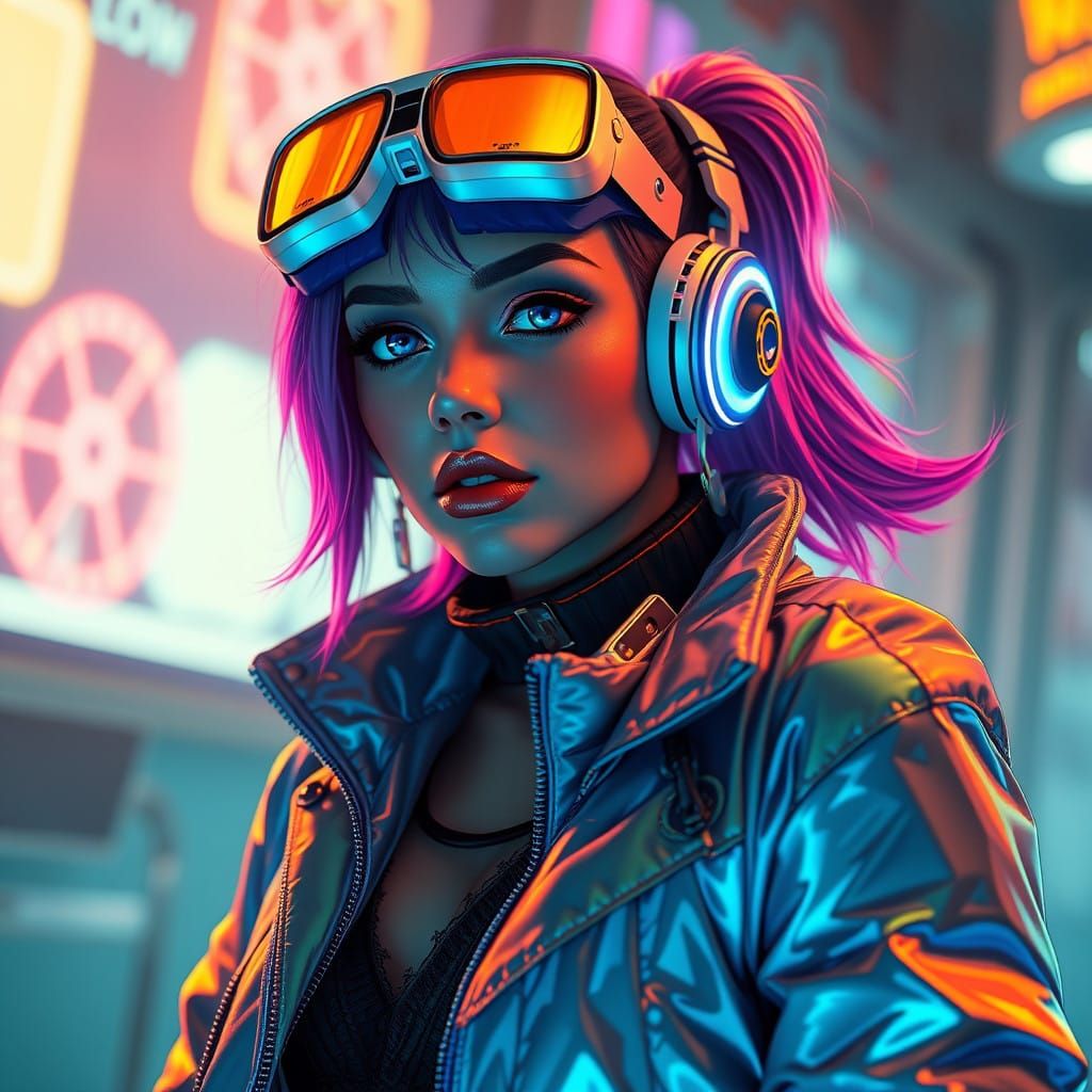 Cyberpunk Time Traveller in Neon-Lit Splendor