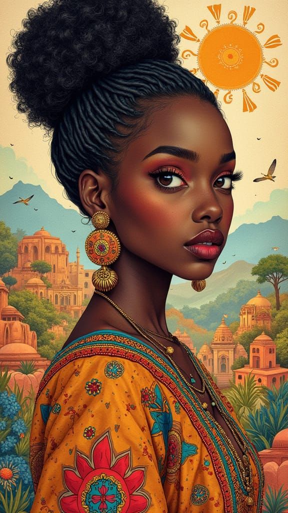 Vibrant Portrait of African Woman in Indian Landscape