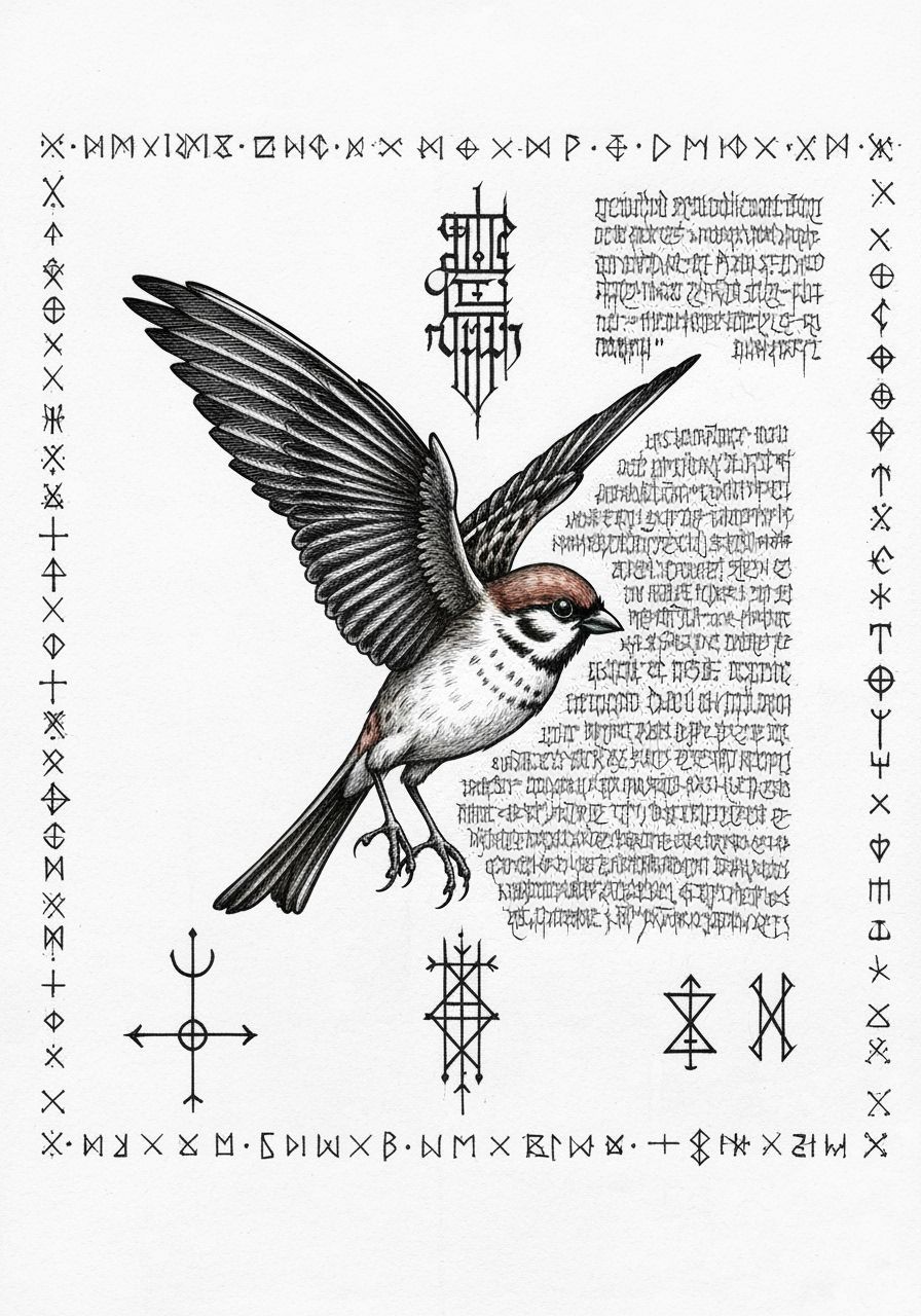 Mysterious Flying Sparrow in Gothic Calligraphy Art