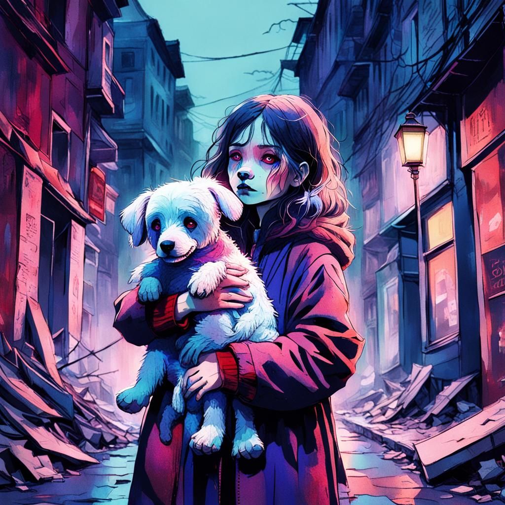 girl holding a torn up and crambled stuffed plushdog in her ...