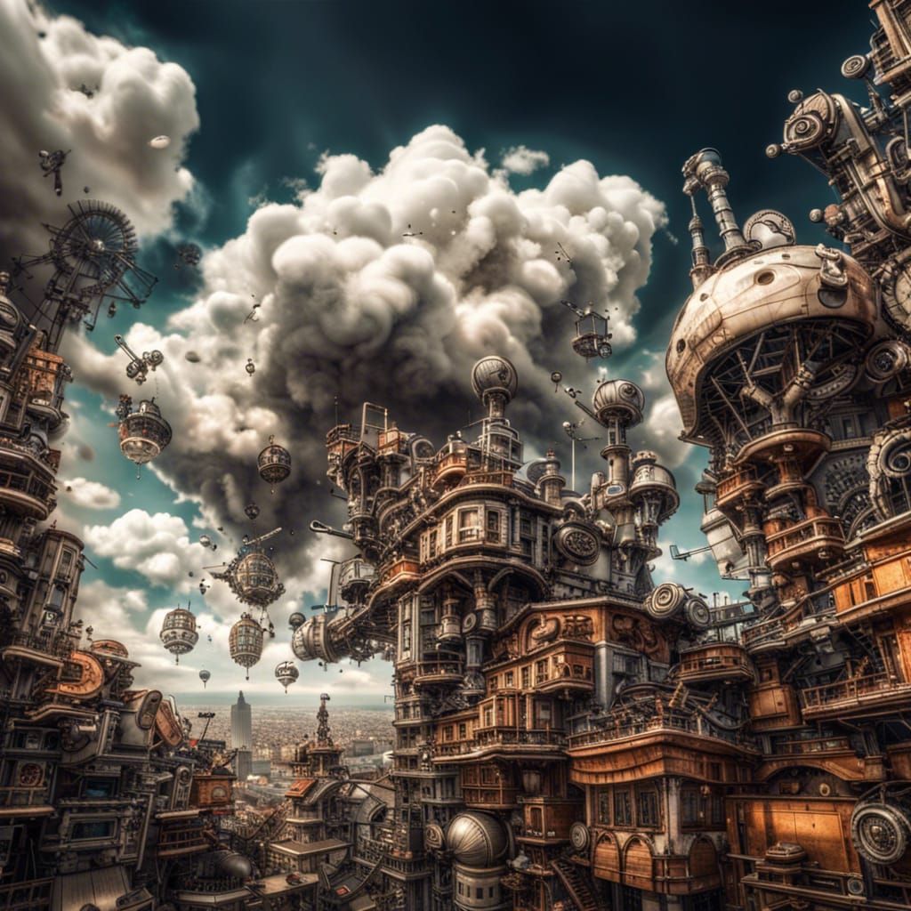 Mechanical City under Dreamy Clouds in HDR
