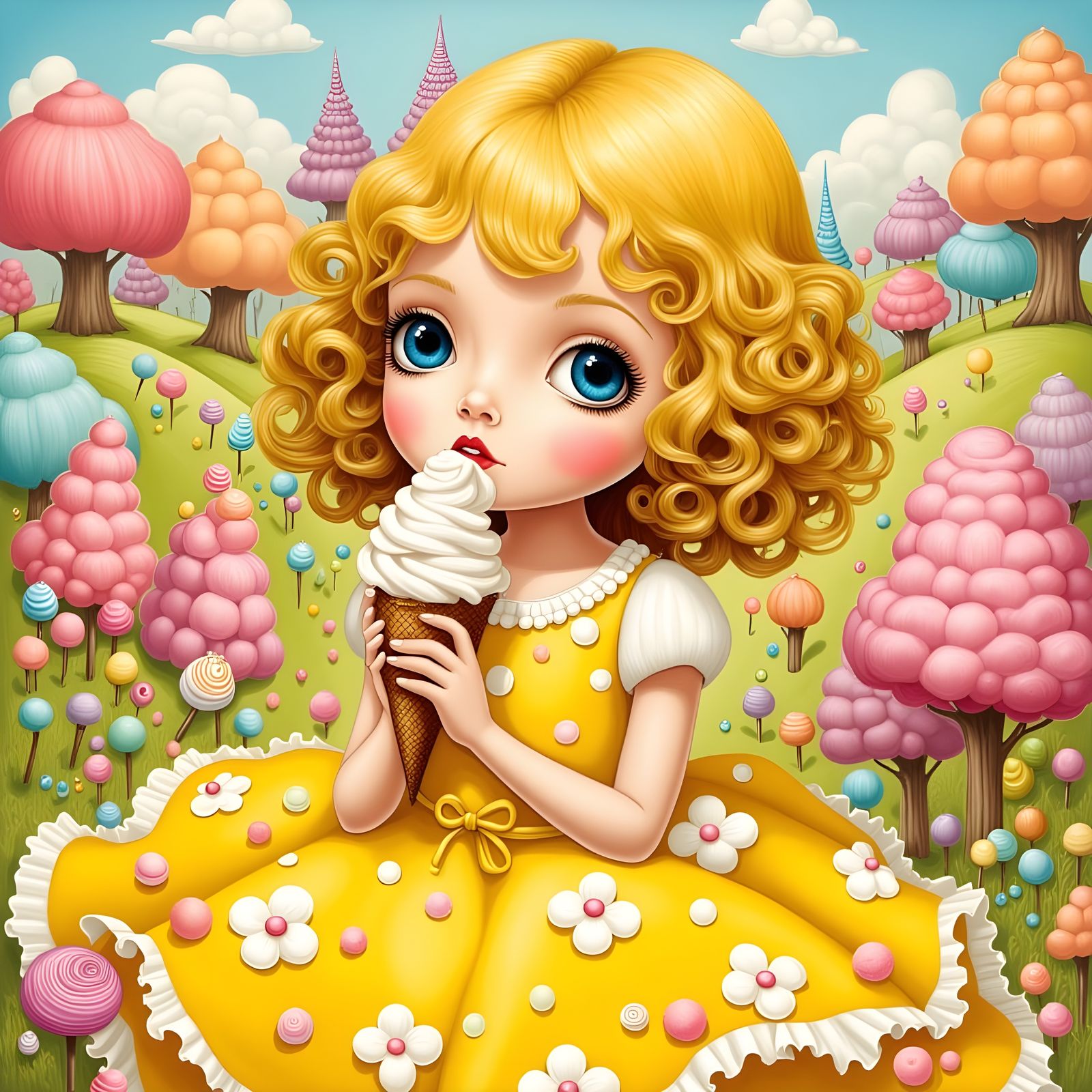 Joyful Little Girl Savoring a Sweet Treat in a Whimsical Won...