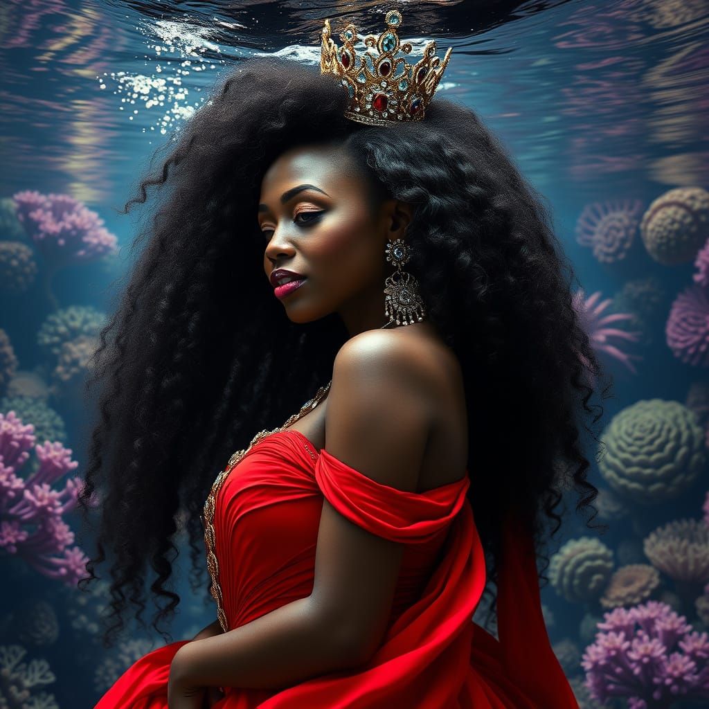 Regal Black Goddess Radiates Power in Vibrant Underwater Sce...