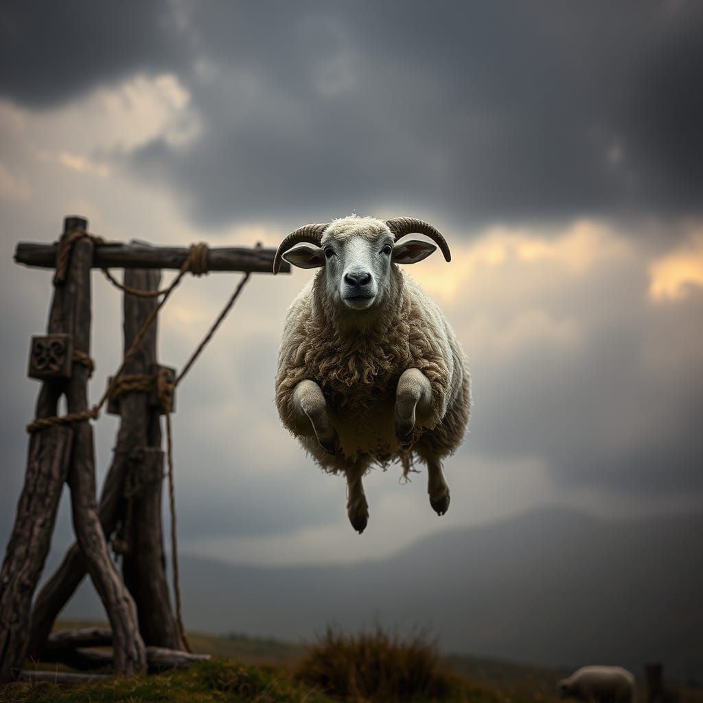 Sheep Soaring From Catapult in Cinematic Landscape