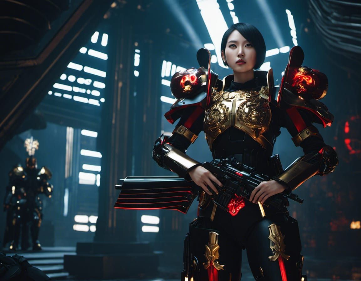 Korean Idol in Cyberpunk Armor with Saintly Halo
