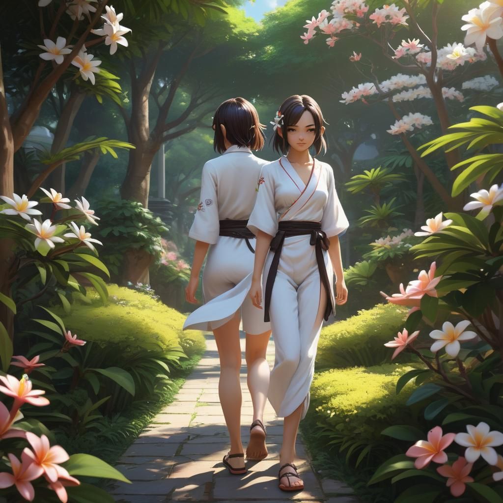 Geisha Walking in Frangipani Garden: Anime Art