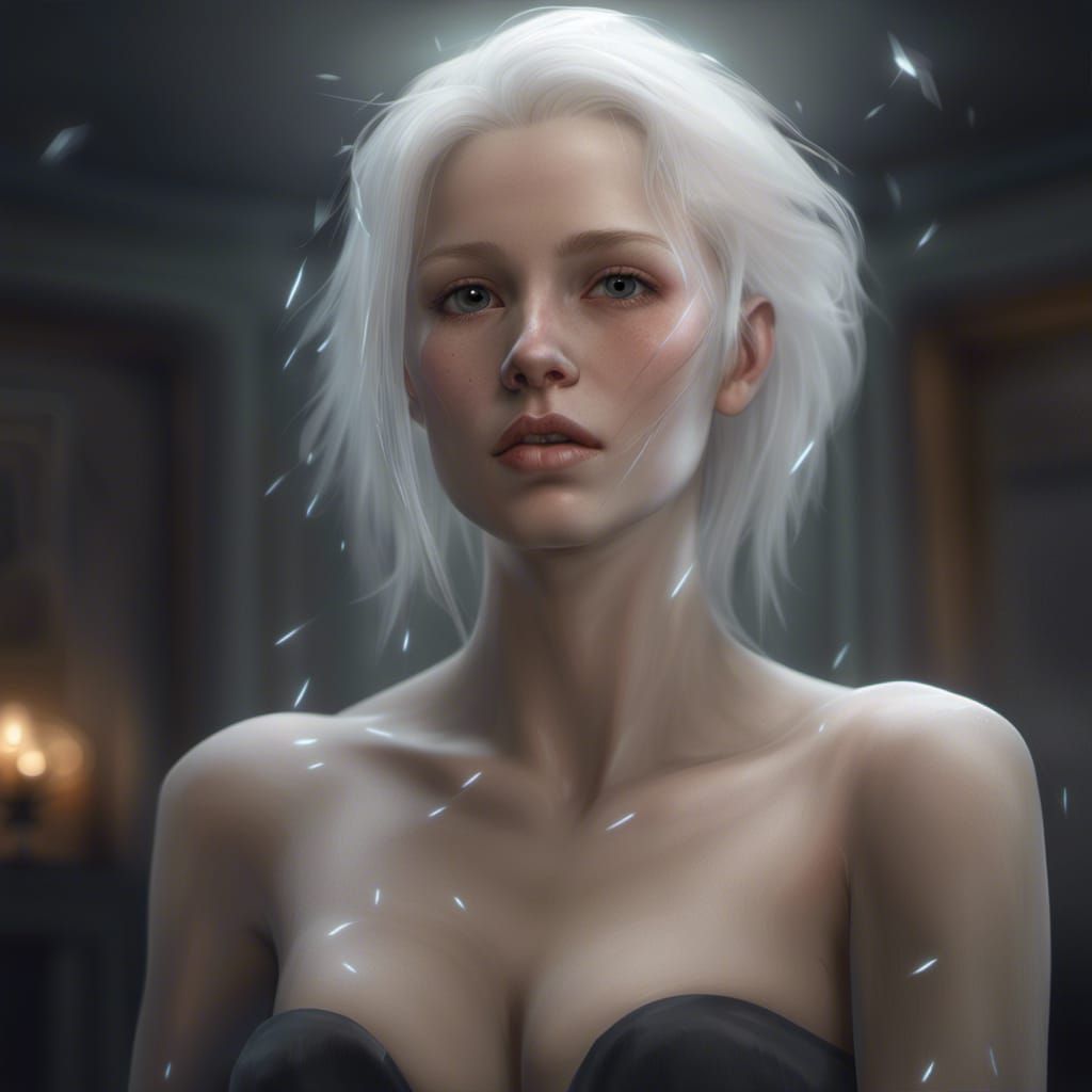 Semi-Realistic Portrait of a Young Woman with Albino Skin an...